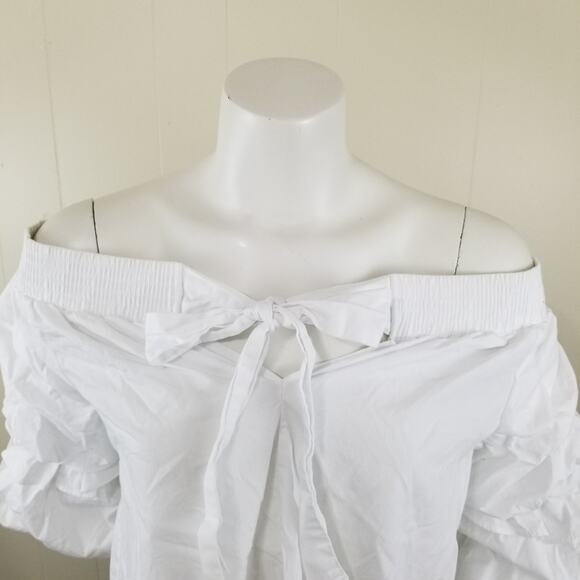 Zara Basic M White Balloon Ruffle Sleeve Blouse Off the Shoulder Keyhole Bow - Picture 6 of 8
